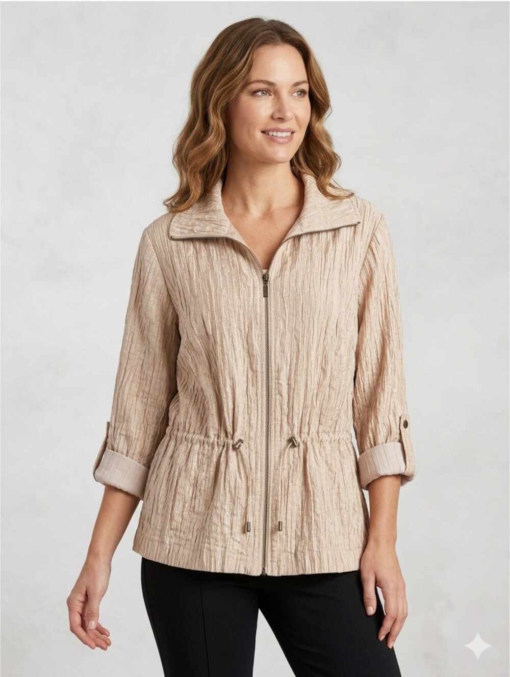 Ruby Rd. Plus Size Woman's Beige Crinkle Fabric Zip Up Utility Jacket